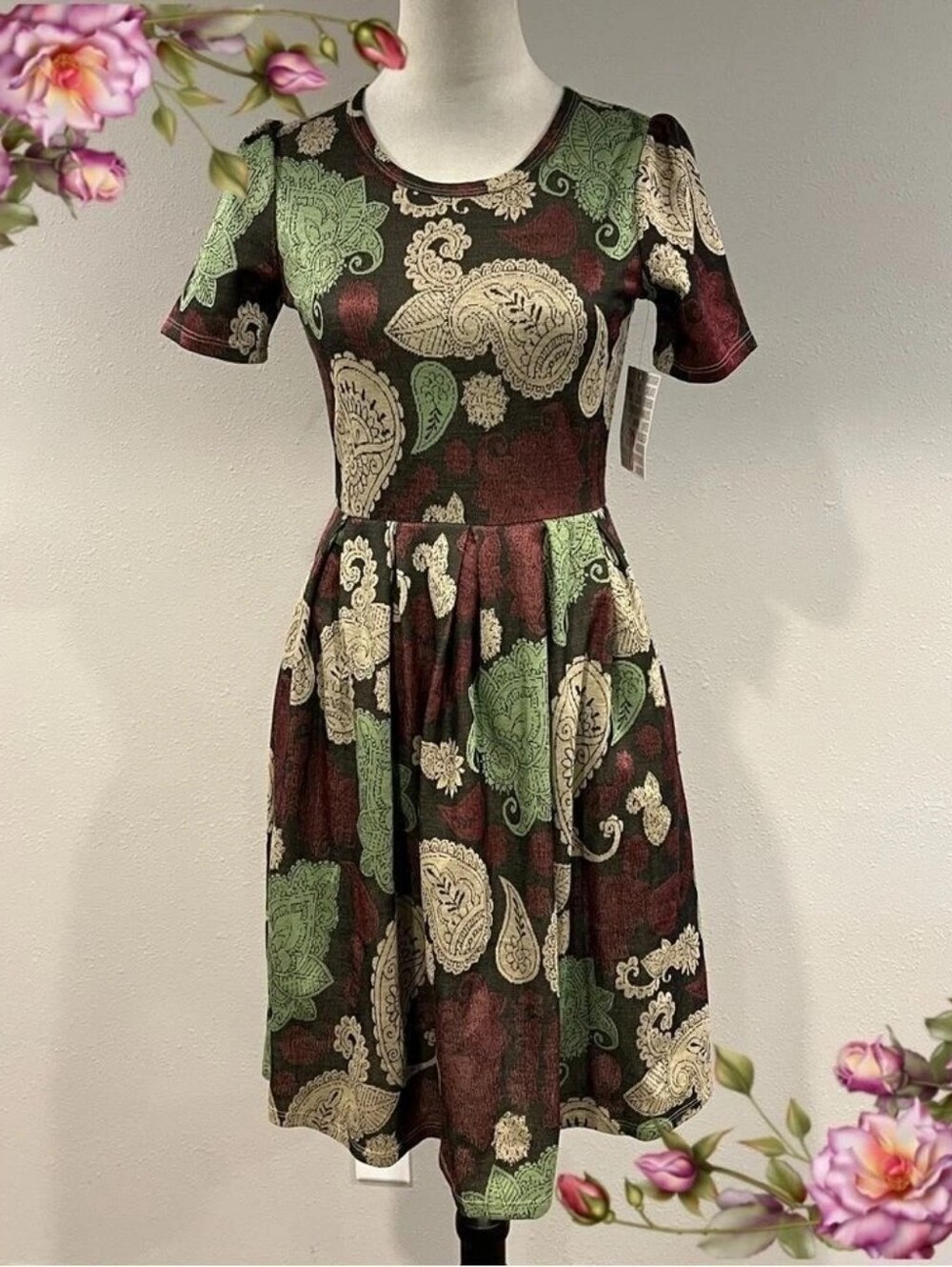 Floral Paisley Fit-and-Flare Dress in Green and Cream